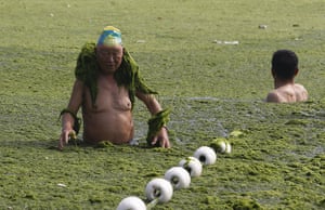 China algae: Tourists attempt to swim in seawater