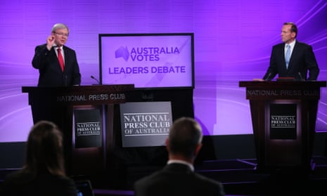 Kevin Rudd and Tony Abbott at the first election debate on 11 August 2013. Photograph: Mike Bowers/TGM