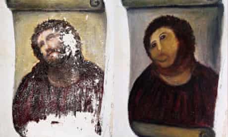 The original Ecce Homo-style fresco of Christ – before retouching, left, and after