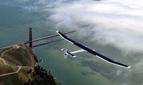 The Solar Impulse glides over the Golden Gate Bridge in San Francisco