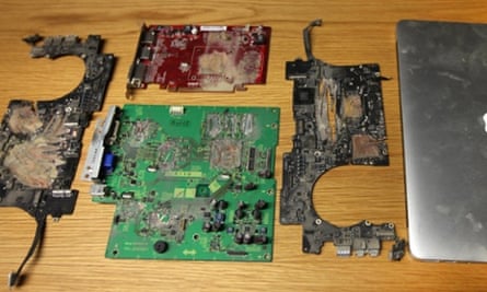 The remains of a computer that held files leaked by Edward Snowden to the Guardian and destroyed at the behest of the UK government. Photograph: Roger Tooth