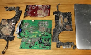 The remains of computer equipment that held information leaked by Edward Snowden to the Guardian and was destroyed at the behest of the UK government. Photograph: Roger Tooth