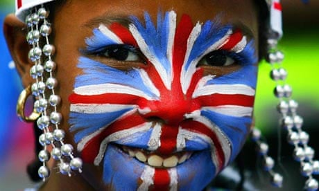 A young Notting Hill Carnival participant in union flag facepaint