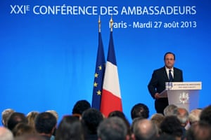 French President  Francois Hollande delivers his speech during a conference with France's ambassadors, at the Elysee Palace, in Paris, Tuesday Aug. 27, 2013. Francois Hollande said France is prepared to take action against those responsible for gassing people in Syria.(AP Photo/Kenzo Tribouillard/Pool)