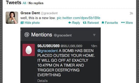 Screengrab of the bomb threat from the Twitter feed of Independent columnist Grace Dent
