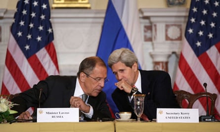 Russian foreign minister Sergey Lavrov talks with US secretary of state John Kerry