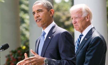 President Barack Obama, joined by Vice President Joe Biden, delivers a statement on Syria in the Rose Garden of the White House in Washington, D.C. on 31 August 31, 2013.