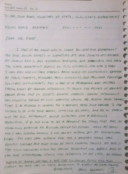 Amir Hekmati letter