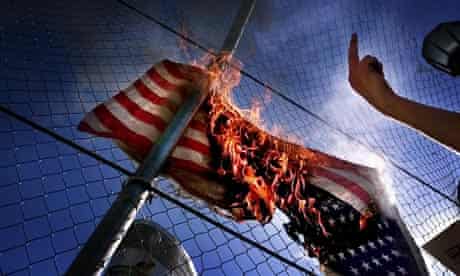 protesters burn US flag, LA 2000