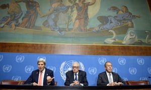 US Secretary of State John Kerry next to United Nations-Arab League special envoy for Syria Lakhdar Brahimi and Russian Foreign minister Sergei Lavrov during a press conference after their high-stakes talks on Syria's chemical weapons at the UN headquarters in Geneva.