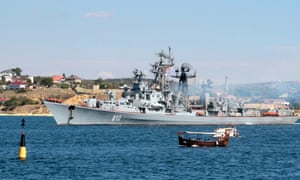 Russian destroyer Smetlivy leaves the harbour at the Crimean port of Sevastopol on 12 September.  The ship left the Black Sea port on Thursday to undertake missions in the eastern Mediterranean, local media reported.