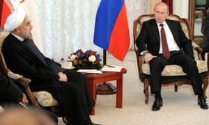 Russian President Vladimir Putin meets Iranian President Hassan Rouhani at the Shanghai Cooperation Organisation summit in Bishkek, Kyrgyzstan.