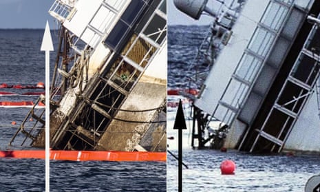 A composite image of two photos shows a rusty yellowish-stain line on the wreck of the Costa Concordia