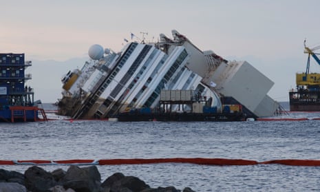 The Costa Concordia ship lies on its side on the Tuscan Island of Giglio