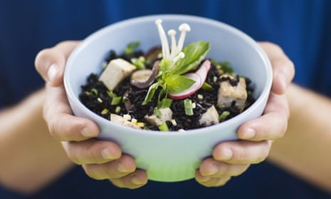 Vegan black rice, tofu and mushroom salad.