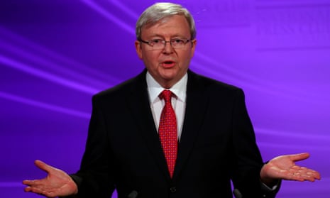 Kevin Rudd during the first debate, pictured here at the end of a classic Rainbow.