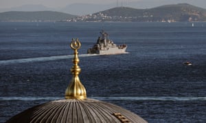 A Russian warship sails through the Bosporus in Istanbul, Turkey.