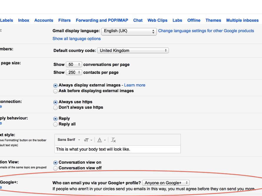 Gmail: Google+ settings