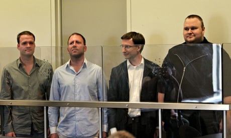 Kim Dotcom (far right) and his fellow defendents following his arrest over Megaupload.com