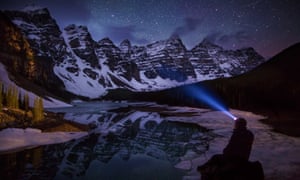 At midnight he visited Moraine Lake in Banff National Park
