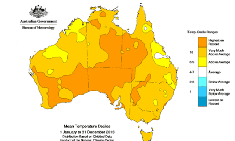 2013 annual mean temperatures compared to historical temperature records
