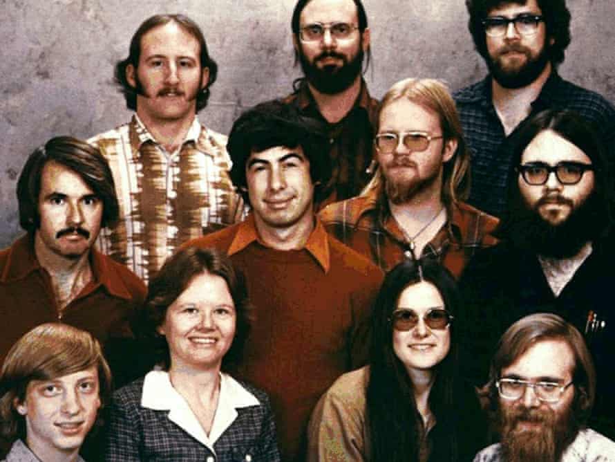 Microsoft company portrait from 1978. Paul Allen bottom right, Bill Gates, bottom left.