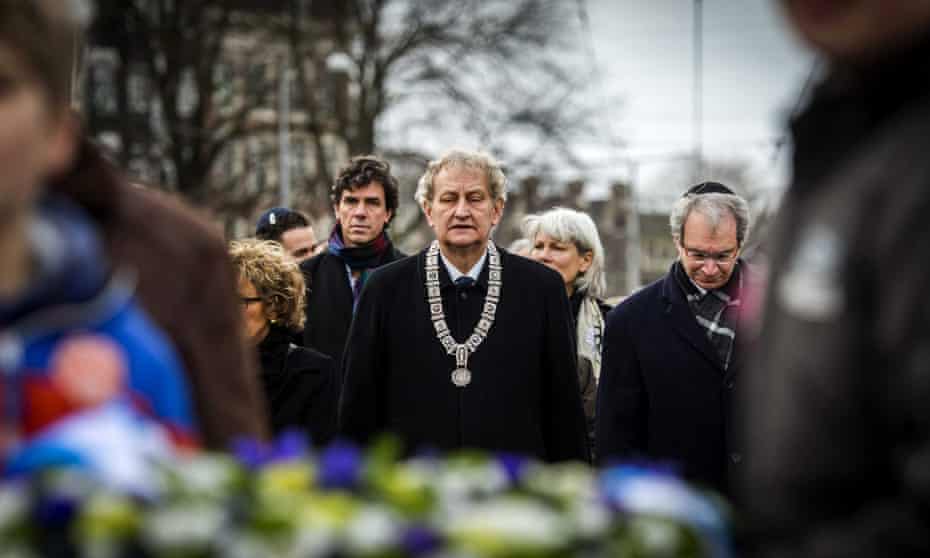 Amsterdam Mayor Eberhard van der Laan  visits the Auschwitz monument in the Wertheimpark in Amsterdam.