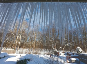 Icicles hang from the eaves of a house in Wilmette, Illinois.
