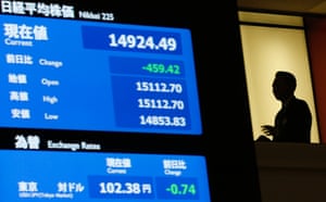 An electronic board shows the Nikkei share average (top) and the Japanese yen's exchange rate against the U.S. dollar at the Tokyo Stock Exchange (TSE) in Tokyo January 30, 2014.