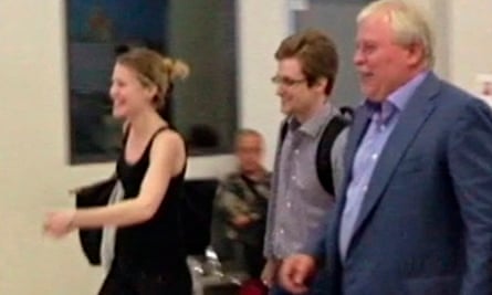 Edward Snowden with Sarah Harrison of WikiLeaks and Anatoly Kucherena at Sheremetyevo airport, Augus