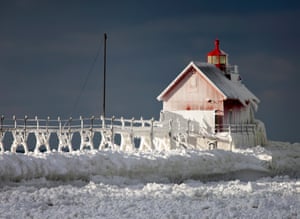 Frost covers the pierhead at Grand Haven, Michigan.