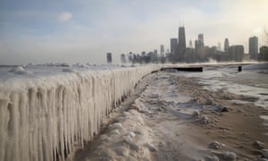 North Avenue Beach on Lake Michigan is encased in ice as temperatures hit a record low of -16 degrees fahrenheit.