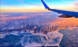 Chicago and Lake Michigan as viewed from a plane.