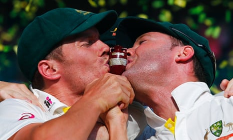 Peter Siddle and Michael Clarke with the replica Ashes urn.