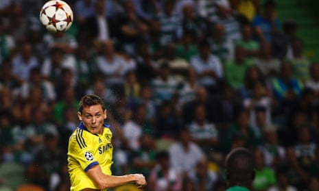 Chelsea's midfielder Nemanja Matic scores the only goal of the Champions League game against  Sporting Lisbon.