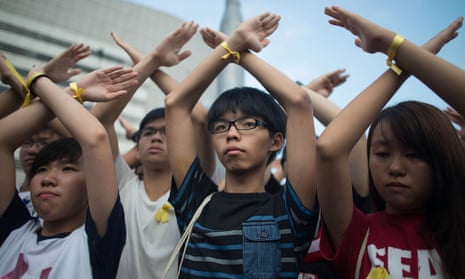 Joshua Wong during a protest in Hong Kong's financial district. T