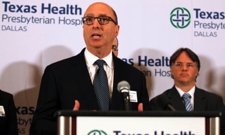Mark Lester, southeast zone clinical leader for Texas Health Resources, speaks at a media conference in Dallas.