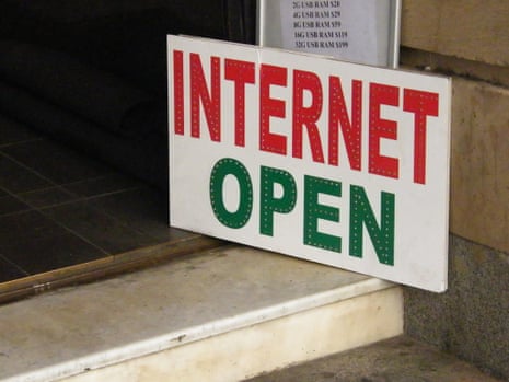 A sign reading "Internet Open"