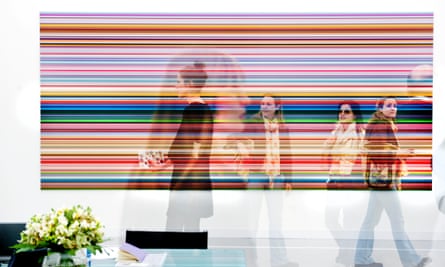 Gerhard Richter's Strip (CR921-1), 2011,sold for £1.5m at Marian Goodman Gallery. (Triple exposure of visitors in front of the art work.)