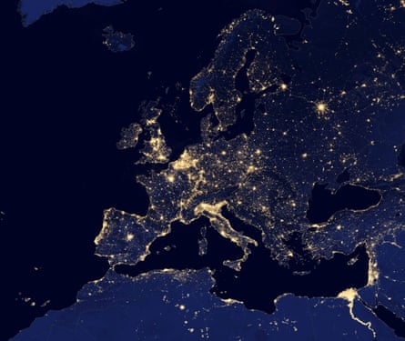 A nighttime view of Europe and North Africa made possible by the  day-night band  of the Visible Infrared Imaging Radiometer Suite (VIIRS) is seen in a global composite assembled from data acquired by the Suomi National Polar-orbiting Partnership (Suomi NPP) satellite in 2012 and released by NASA October 2, 2014 .  The VIIRS detects light in a range of wavelengths from green to near-infrared and uses filtering techniques to observe dim signals such as city lights, wildfires, and gas flares.