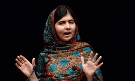 Malala Yousafzai delivers a statement after winning the Nobel Peace Prize in Birmingham library. She won the prize jointly with children's rights activist Kailash Satyarthi of India