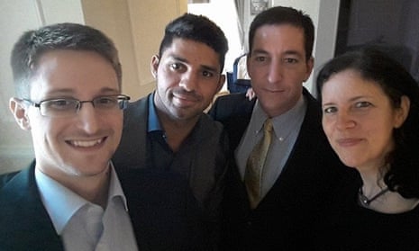 Edward Snowden, left, with Greenwald, second from right,  David Miranda and Laura Poitras.