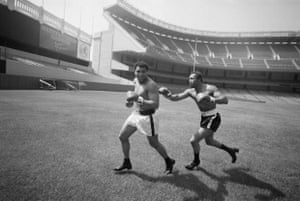 Ali was 34 by the time this photograph was taken of him and Ken Norton playfully chasing one another across the field at Yankee Stadium. You don’t get fight promotions like this these days. Also, as my colleague pointed out, look at their shoes – what on earth are they wearing those Cuban heels for?!