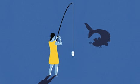Illustration of woman fishing and a catfish in the water