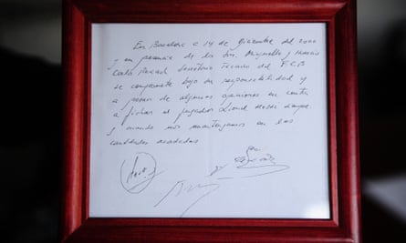 The framed napkin on which Lionel Messi's informal Barcelona contract was written by Carles Rexach in December 2000.