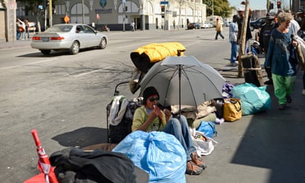 Homeless people on Skid Row in Los Angeles, California.