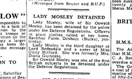 Diana Mosley detained, Observer 30 June 1940