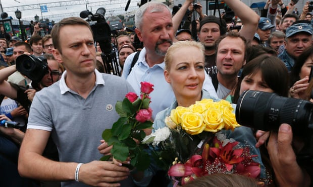 Navalny with his wife, Yulia, in Moscow after his release from jail in Kirov in 2013. He was imprisoned for embezzlement but unexpectedly released.