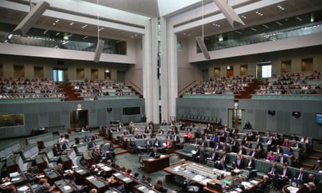 The Chamber during question time in the House of Representatives this afternoon on Thursday. The shielded areas are visible at the top, above the public galleries.