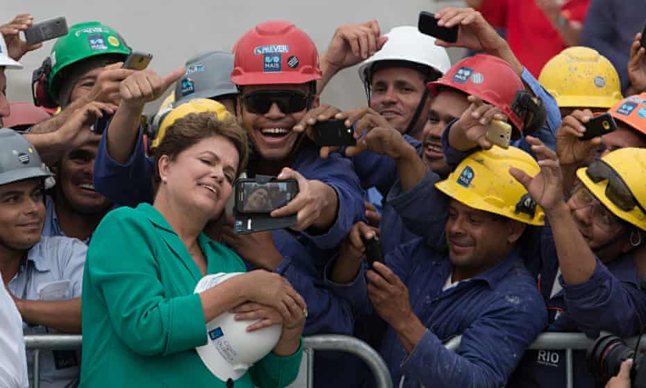 Brazilian president Dilma Rousseff visits construction workers in Rio 